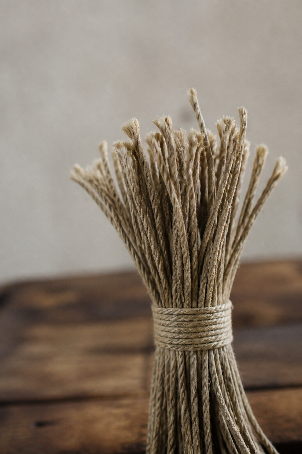 A bundle of loose rope ends bound tightly with cord