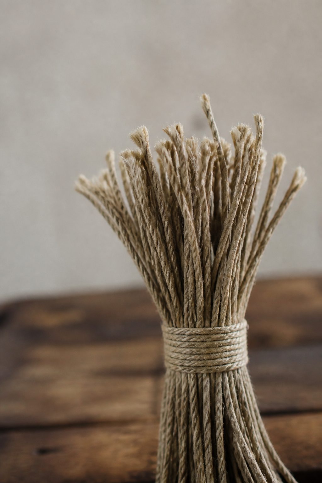 A folded stack of linen and cotton garments on a wooden shelf beside a mending tin with needles and yarn, lit by low morning window light, shot straight on at tabletop height.