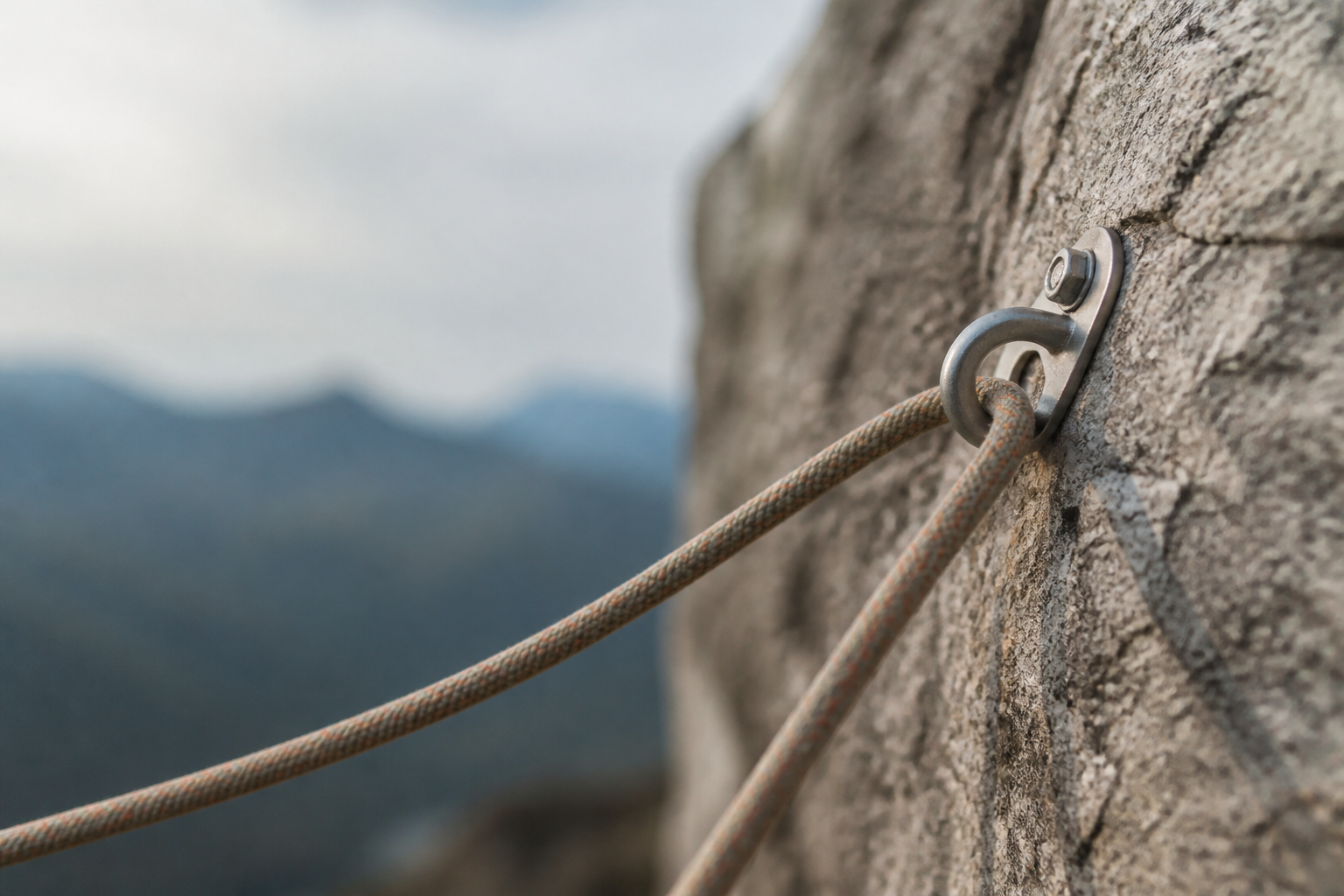 A climbing rope running through a metal anchor point on a rock face