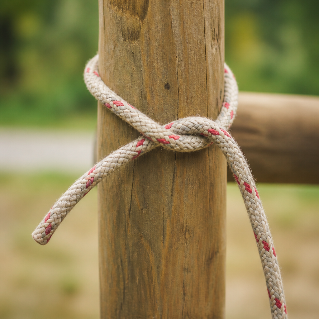 A clove hitch tied around a wooden post with both rope ends visible