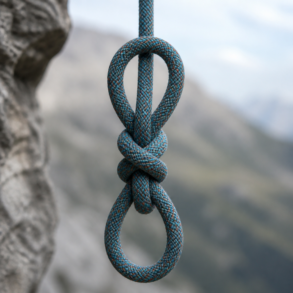 A figure eight loop tied in the middle of a climbing rope