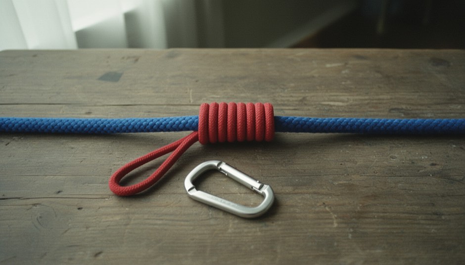 A blue climbing rope with a braided sheath lying straight across a weathered wooden table, a thinner red accessory cord, a little over half its thickness, wrapped around it in a Prusik hitch that forms a short neat barrel, the red loop lying to one side next to a silver carabiner, soft light from a window.