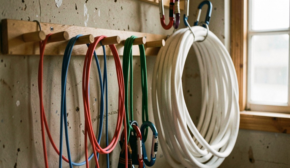 Coils of thin red, blue and green accessory cord hanging from wooden pegs on a workshop wall next to a coiled thick white static rope and a few carabiners, warm window light from the side.