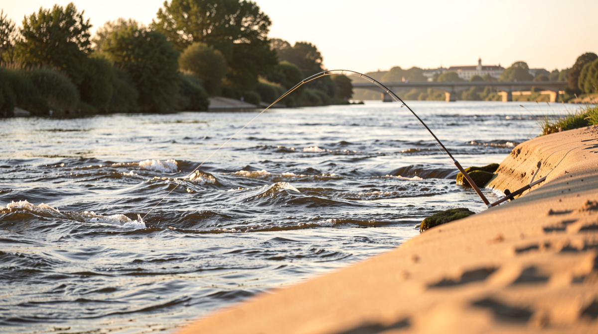 A sandbank on the Loire at first light, a fishing rod bent downstream above a moving current vein, low warm light from the left, wide framing with the sand edge in the right foreground.