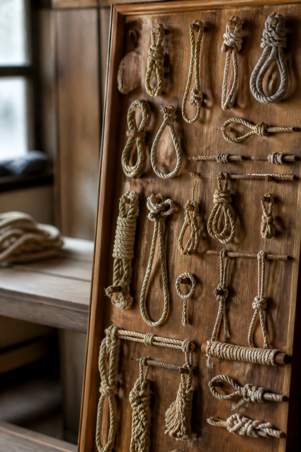 A wooden knot board displaying multiple tied ropes mounted for reference and teaching