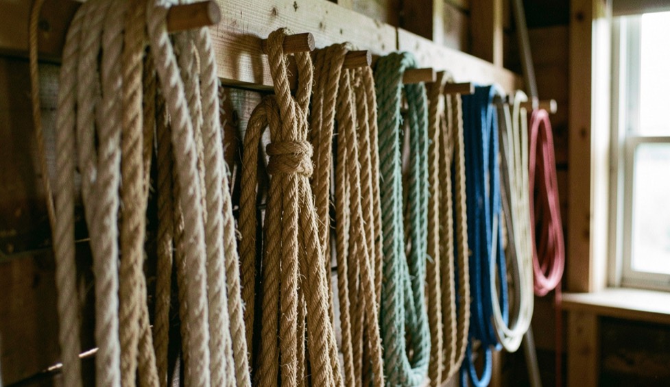 Hanks of natural and coloured rope of different thicknesses hanging from wooden pegs on a boathouse wall, one finished with a knot, soft daylight from a side window.
