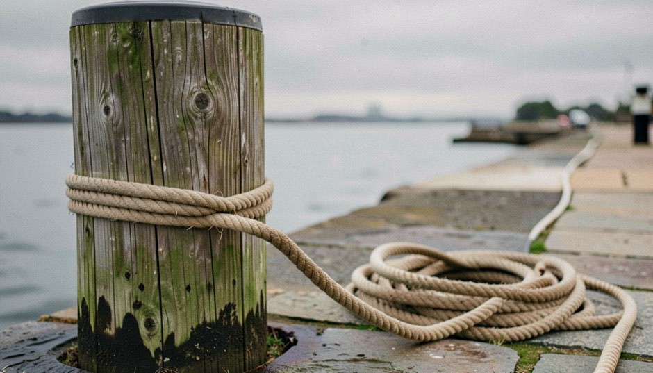 A thick manila rope wrapped in turns around a weathered wooden mooring post on a stone quay, its long tail coiled on the paving beside it, grey overcast light over the water.