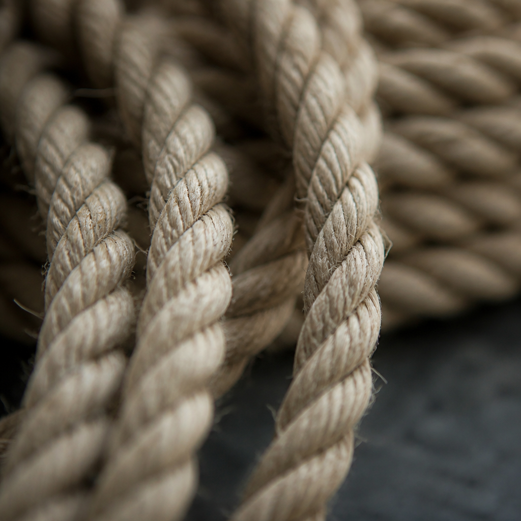Close-up of twisted rope strands showing the lay and individual fibres