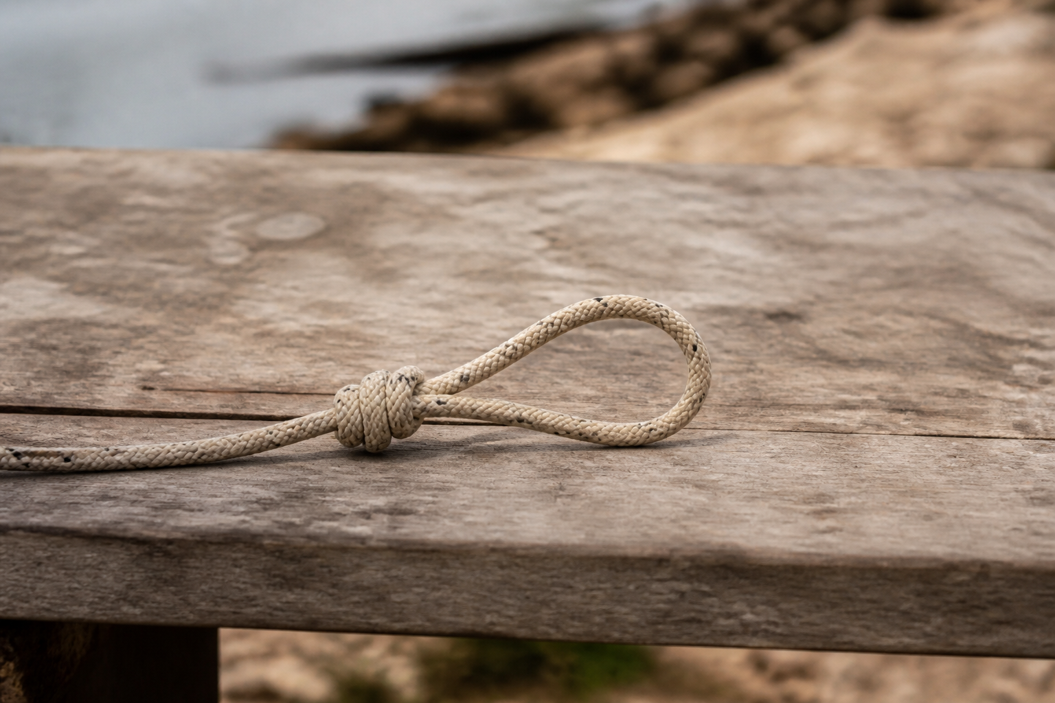 A fixed loop tied at the end of a rope lying on a wooden bench